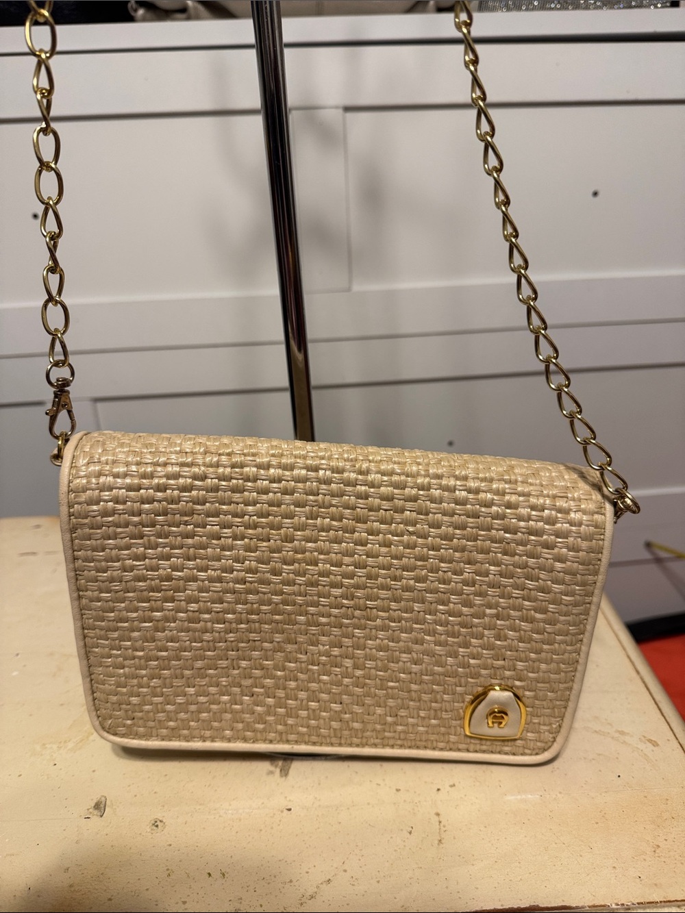 Etienne Aigner Cream Woven Crossbody with Gold Chain